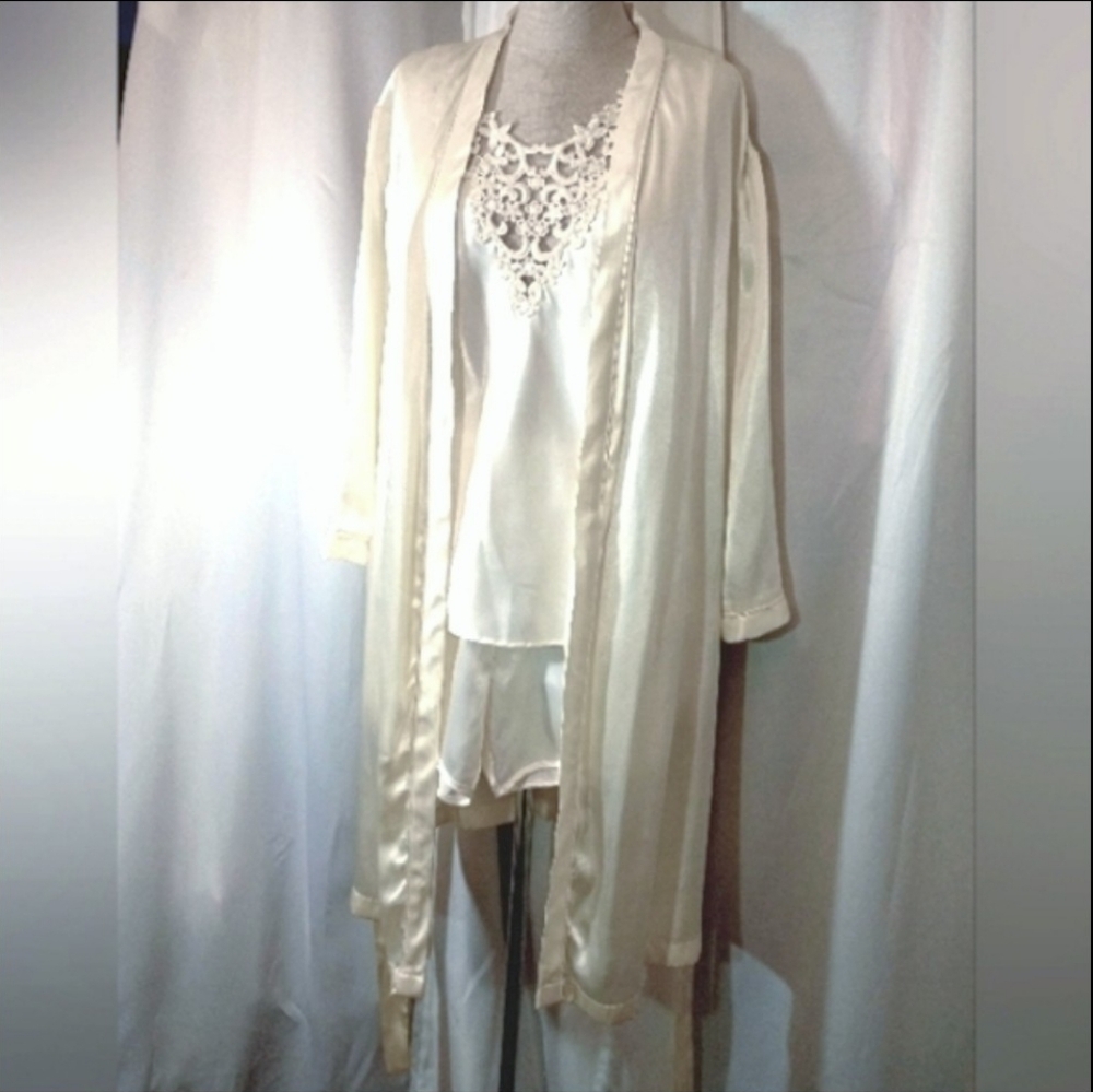 3Pc:Midi Enchanting Robe+Heather Nichole Tank+Shorts, Lace/Satin, Waist Tie, M